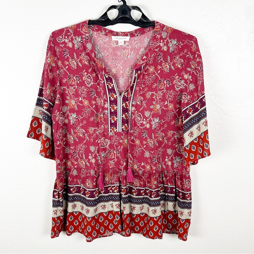 BEACH LUNCH LOUNGE Tassel Front Tie Peplum Hem Short Sleeves Top Medium Boho